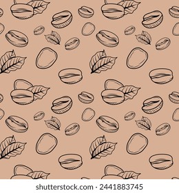 Coffee bean and leaves vector line art seamless pattern. Use as wallpaper or background in cafeterias and cafes that serve coffee. Silhouette brew bean for restaurants. poster and packaging design.