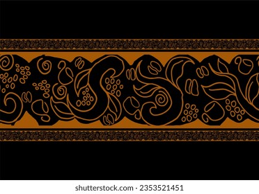 
coffee bean line art pattern, cup, coffee plant abstract.Vector contour seamless strip repeat on black background. Natural aroma drink