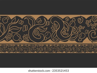 
coffee bean line art pattern, cup, coffee plant abstract.Vector contour seamless strip repeat on black background. Natural aroma drink