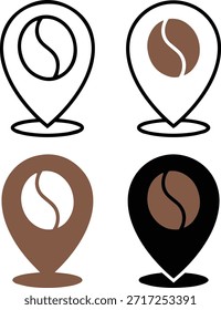 coffee bean location pin icon set, flat minimal vector, cafe map pointer