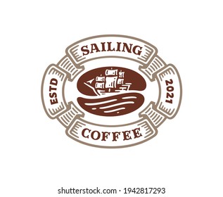 coffee bean logo badge with sailing ship illustration in vintage design