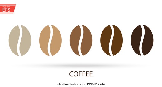 Coffee bean logo. Indicator of the degree of roasting. Cafe breakfast fresh drink and food illustration. Aromatic espresso aromatic sign. Black natural coffee seed emblem. Hot cappuccino label.