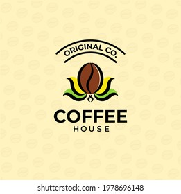 Coffee Bean Logo With Leaf Decoration. Patern's Background. Icon Design. Template Elements. Collection Of Logotypes For Cafes, Restaurants, Coffe House. Vector Illustration.