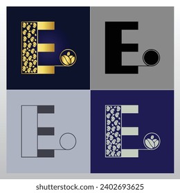 Logo del café. diseño lujoso de letra E con elementos de patrón de frijol café - signo vectorial. Logo de la carta E para identidad corporativa.