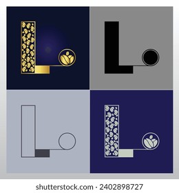 Logo del café. diseño lujoso de la letra L con elementos de patrón de grano de café - signo vectorial. Logo de la carta para identidad corporativa.