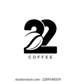 coffee bean logo and number 22.vector illustration of combination of number 22 with coffee bean.coffee initials 22 logo