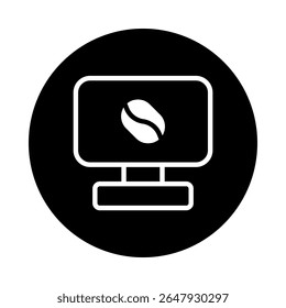 Logotipo de grão de café em uma tela de computador dentro de um ícone de círculo preto representando a integração de tecnologia