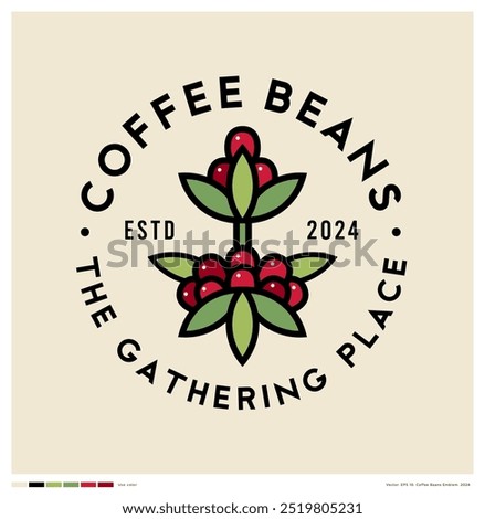 Coffee bean logo. Coffee symbol. Ripe coffee berries on a branch in a circle of letters.