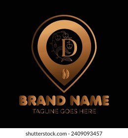 Coffee Bohnen Luxus D-Buchstaben Logo mit goldenem Farbverlauf-Position Vektorvorlage. D Buchstabenstandortzeichen oder Vektorlogo in luxuriösen Formen und Farben. Luxuslogo, Brieflogo