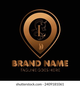 Coffee bean luxury L letter logo with gold gradient location vector template. L letter location sign or symbol vector logo in luxury shapes and colors. luxury logo, letter logo
