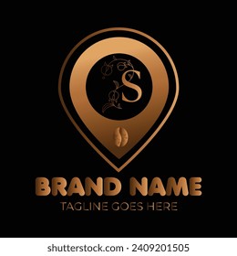 Coffee bean luxury S letter logo with gold gradient location vector template. S letter location sign or symbol vector logo in luxury shapes and colors. luxury logo, letter logo