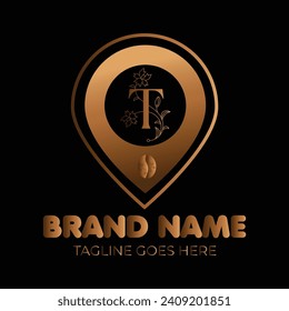 Coffee bean luxury T letter logo with gold gradient location vector template. T letter location sign or symbol vector logo in luxury shapes and colors. luxury logo, letter logo