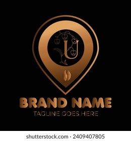 Logotipo de letra U lujosa de frijol de café con una plantilla vectorial de posición de gradiente dorado. Señal de ubicación de letra U o logotipo vectorial de símbolo en formas y colores de lujo. logotipo de lujo, logotipo de carta