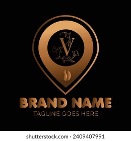 Coffee bean luxury V letter logo with gold gradient location vector template. V letter location sign or symbol vector logo in luxury shapes and colors. luxury logo, letter logo