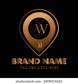 Coffee bean luxury W letter logo with gold gradient location vector template. W letter location sign or symbol vector logo in luxury shapes and colors. luxury logo, letter logo