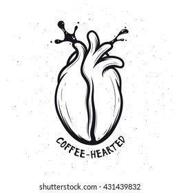 Coffee bean made of human heart. Coffee splashes. Creative monochrome poster. Coffee-hearted. Vector vintage illustration.