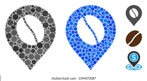 Coffee bean marker mosaic of spheric dots in different sizes and color tints, based on coffee bean marker icon. Vector dots are combined into blue mosaic.