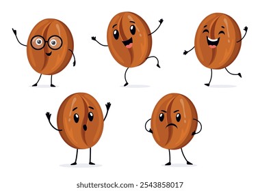 Mascota del grano de café. Beans emoji café mascota lindos personajes de dibujos animados con caras felices o enojados ojos manos y piernas, divertidos emoticonos conjunto Ilustración vectorial obra de arte original