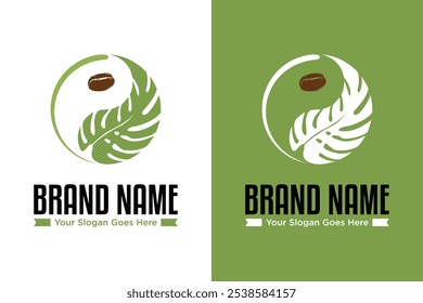 coffee bean and monstera leaf with yin yang shape vector illustration logo design