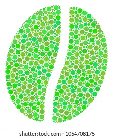 Coffee Bean mosaic of dots in different sizes and ecological green shades. Vector round dots are organized into coffee bean collage. Fresh vector illustration.