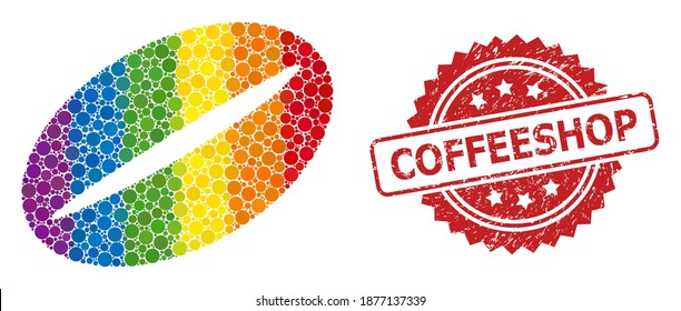 Coffee bean mosaic icon of round items in variable sizes and LGBT colored color tints, and Coffeeshop dirty rosette stamp seal. A dotted LGBT-colored Coffee bean for lesbians, gays, transgenders,