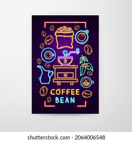 Coffee Bean Neon Flyer. Vector Illustration of Drink Promotion.