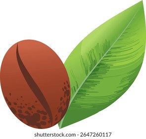 Um grão de café perto de uma folha verde. O feijão é castanho com uma fenda, e as folhas são vibrantes e frescas, representando o cultivo de café e a natureza