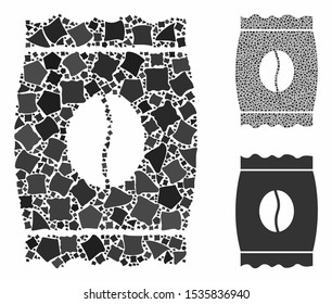 Coffee bean pack mosaic of unequal elements in variable sizes and color tints, based on coffee bean pack icon. Vector tremulant elements are united into collage.