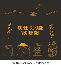 Paquete de grano de café con equipo de Vector conjunto