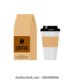 Embalaje de frijol y taza de café. Diseño conceptual de maqueta.
