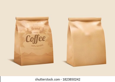 Coffee Bean Paper Package Design Mockup, 3d Illustration Kraft Bag Set