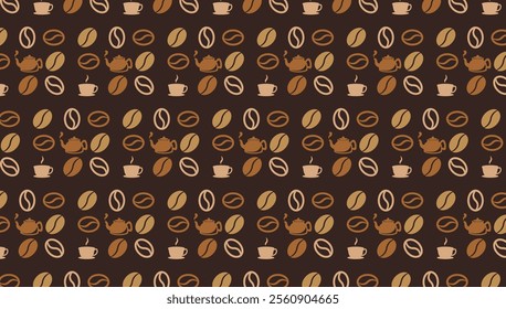 coffee bean pattern background design template with mug, teapot and coffee