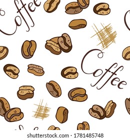 Coffee bean pattern including seamless on white background.  Hand drawn coffee beans vector.
