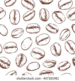 Coffee Bean Pattern Including Seamless On White Background. Sketch Of Coffee Beans. Hand Drawn Coffee Beans Vector. 