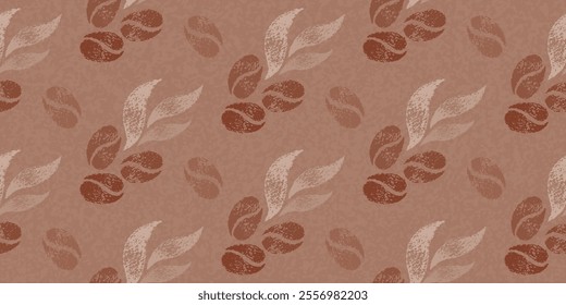 Coffee bean pattern in mocha mousse 2025 year color. Seamless background, mocha mousse vector 2025. Coffee texture, cafe crayon hand drawn art. Trendy palette graphic. Abstract pattern grain crayon bg