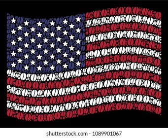 Coffee bean pictograms are grouped into waving United States flag mosaic on a dark background. Vector composition of American state flag is made with coffee bean elements.
