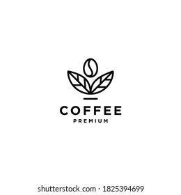 coffee bean with plant branch hipster minimal logo vector with leaf simple line outline icon for cafe 
