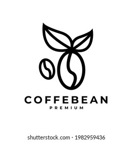Coffee Bean Plant Branch Hipster Minimal Logo Vector With Leaf Simple Line Outline Icon For Natural Cafe Concept.