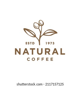 coffee bean plant branch hipster minimal logo vector with leaf simple line outline icon for natural cafe concept.
