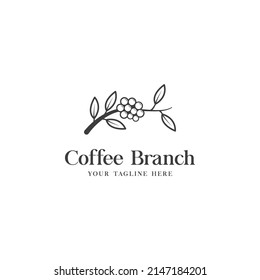 Coffee Bean Plant Branch Hipster Minimal Logo Vector With Leaf Simple Line Outline Icon For Natural Cafe Concept.