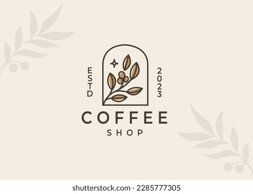 rama de planta de frijol hipster mínimo logo vector con hoja simple línea de contorno icono para el concepto de café natural.	