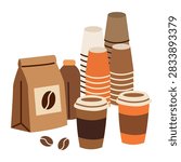 Coffee bean pouch bag with stacked paper cups and roasted coffee beans flat vector