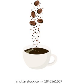 coffee bean and powder falling into a cup of hot coffee