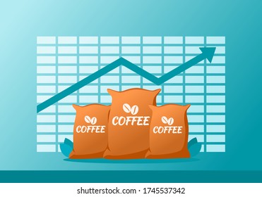 Coffee Bean or Powder Price Value Stock Market Demand Rise Increase Up Skyrocket Statistic Report with Graph Chart Diagram Illustration Vector. Can be Used for Web, Mobile, Infographic & print