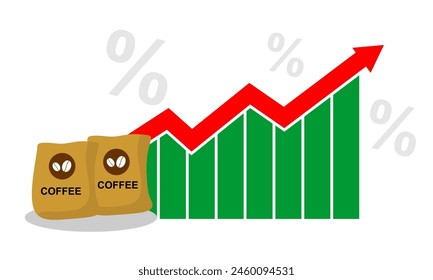 Coffee Bean Price Value Stock Market Demand Rise Increase Up Ilustration. Grow Statistic Report with Graph Chart Diagram Illustration Vector. Can be Used for Web, Social Media, Poster, Infographic.