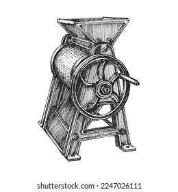 Coffee bean pulper machine, illustration in engraving style. Vintage hand drawing in vector.