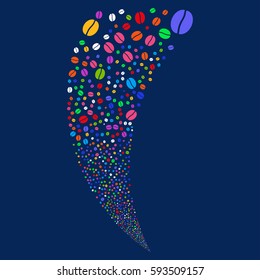 Coffee Bean random fireworks stream. Vector illustration style is flat bright multicolored iconic symbols on a blue background. Object fountain constructed from scattered icons.