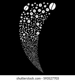 Coffee Bean random fireworks stream. Vector illustration style is flat white iconic symbols on a black background. Object fountain organized from scattered icons.