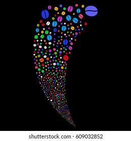 Coffee Bean random fireworks stream. Vector illustration style is flat bright multicolored iconic symbols on a black background. Object fountain constructed from scattered symbols.