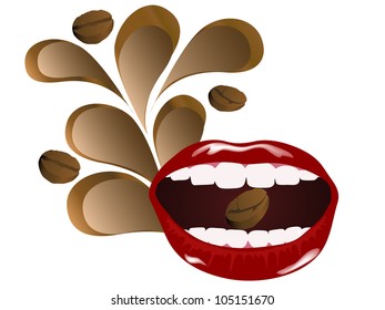 Coffee bean in red woman mouth